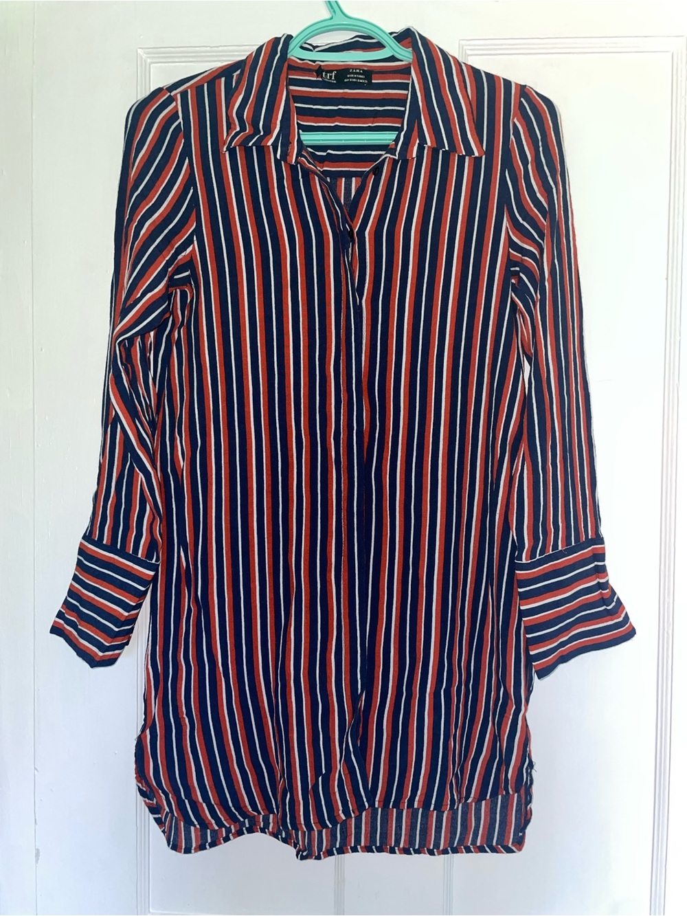 Zara Striped Button-Front Tunic Top - Navy, Orange & White